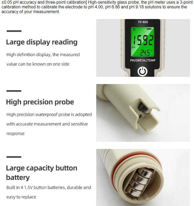 4в1 ORP Метър H2 Метър PH Метър с Термометър с Автоматична Компенсация