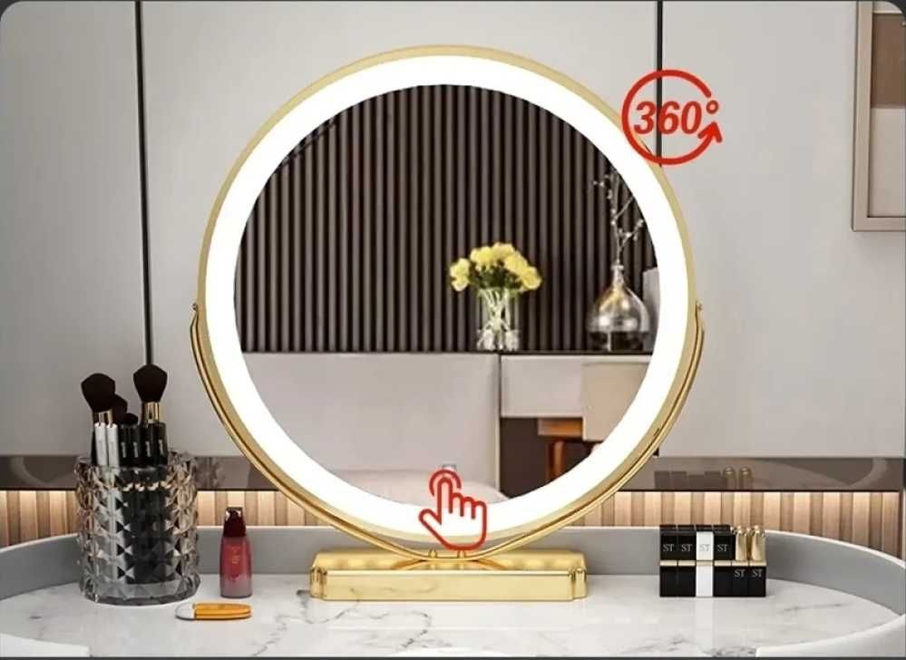 Set masă de toaletă cu oglindă iluminată LED, 4 sertare, scaun
