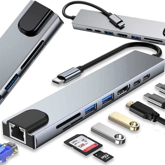 USB-C HUB адаптер 8 в 1 – HDMI, 2×USB, 2×USB-C, RJ45, SD/TF
