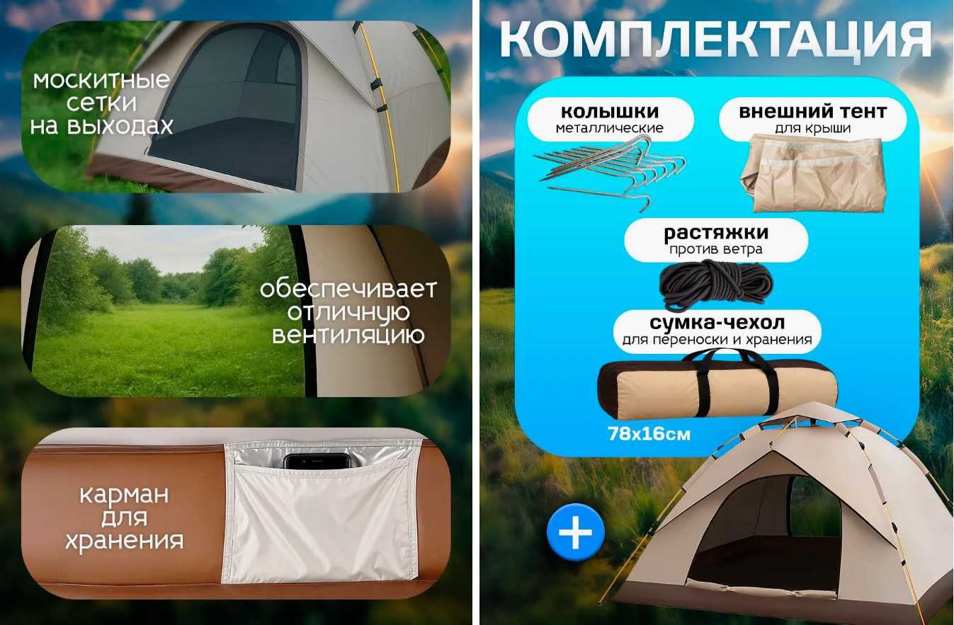 Палатка автомат 4 мест. Размер-210х210х150 см. Доставка бесплатно