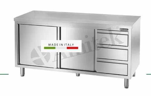 Amitek Italy TDC157D - Dulap inox, Masa inox cu sertare 150 x 70 x 85H