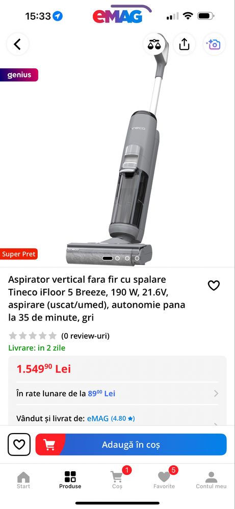 Aspirator mop fara fir Tineco iFloor 5 Breeze