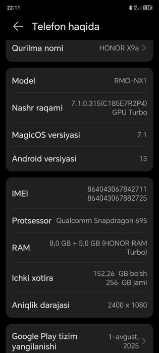 Honor x9a 8/256 talik