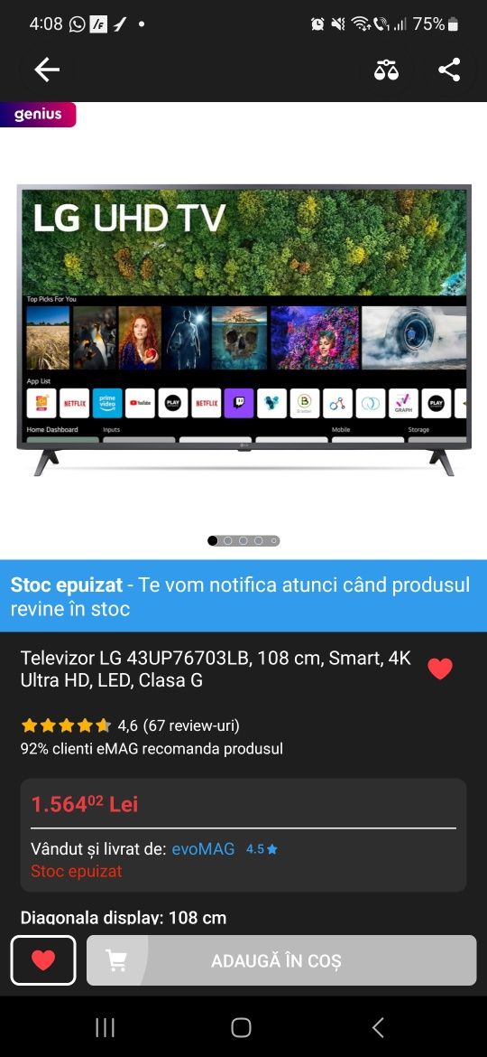 Televizor LG 43UP76703LB, 108 cm, Smart, 4K Ultra HD, LED