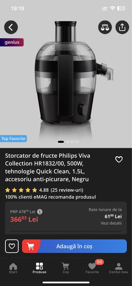 Storcator de fructe Philips Viva Collection HR1832/00, 500W