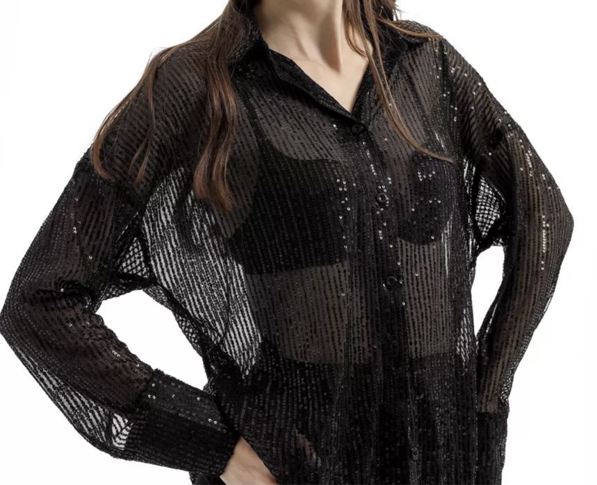 Рубашка  женская, черная, полупрозрачная с пайетками