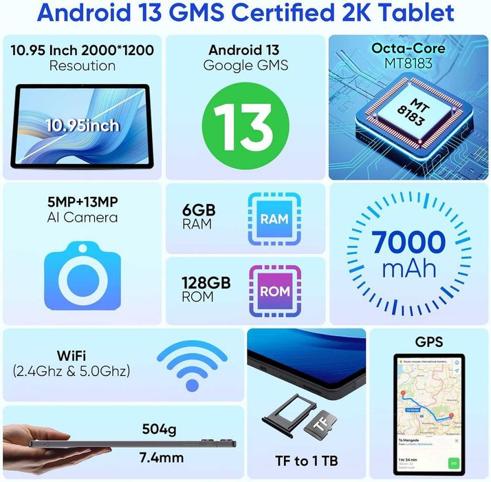 Tableta 2K Tablete Android 13  6GB+128GB 7000mAh, BT5.0, GPS