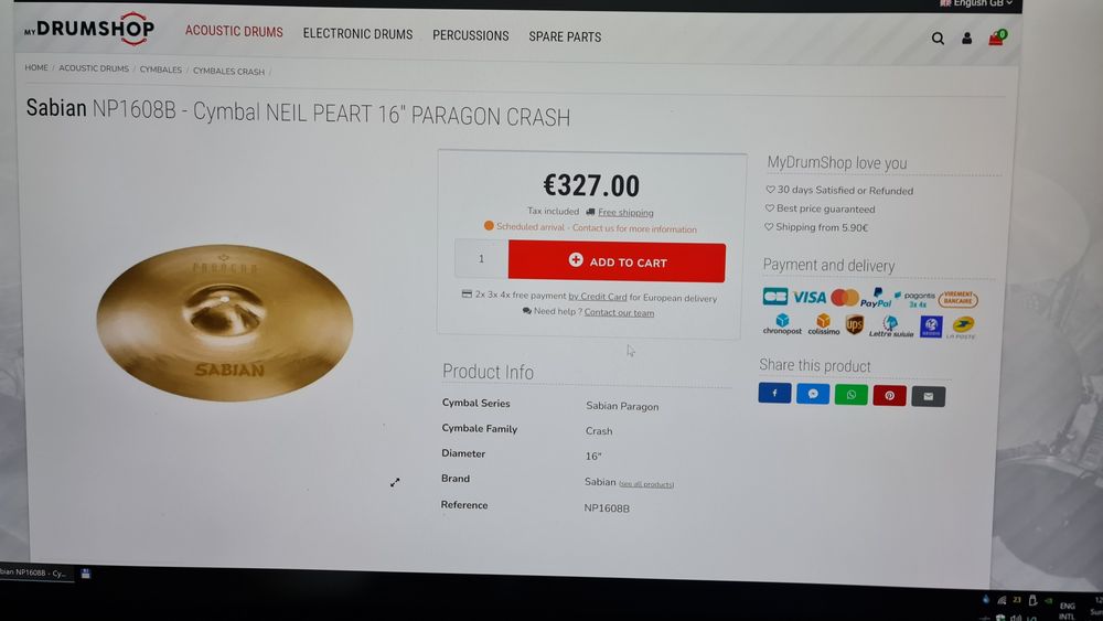 Sabian Paragon 16"crash Neil Peart signiature