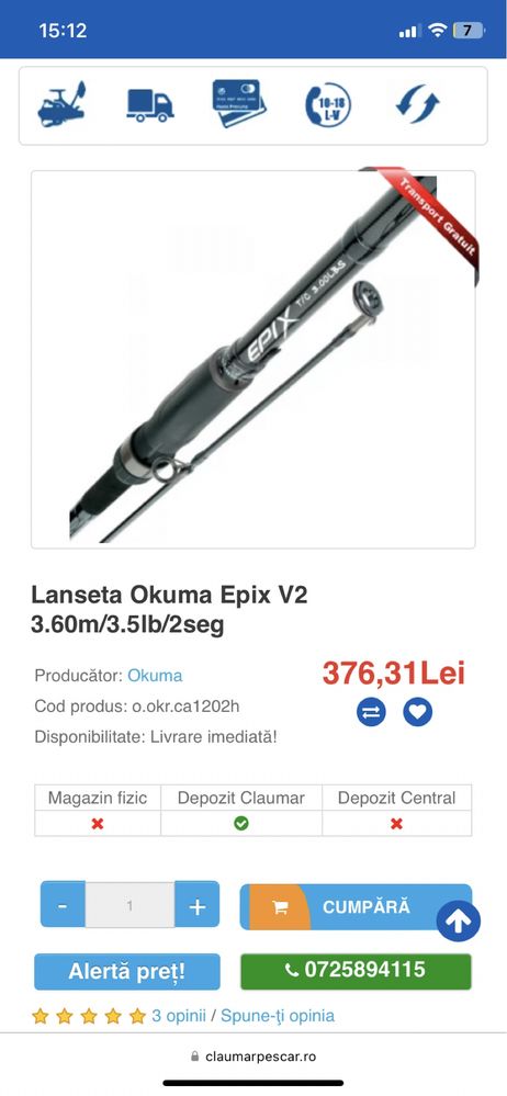 Lansete okuma epix v2 3.60 m 3,5 Lb