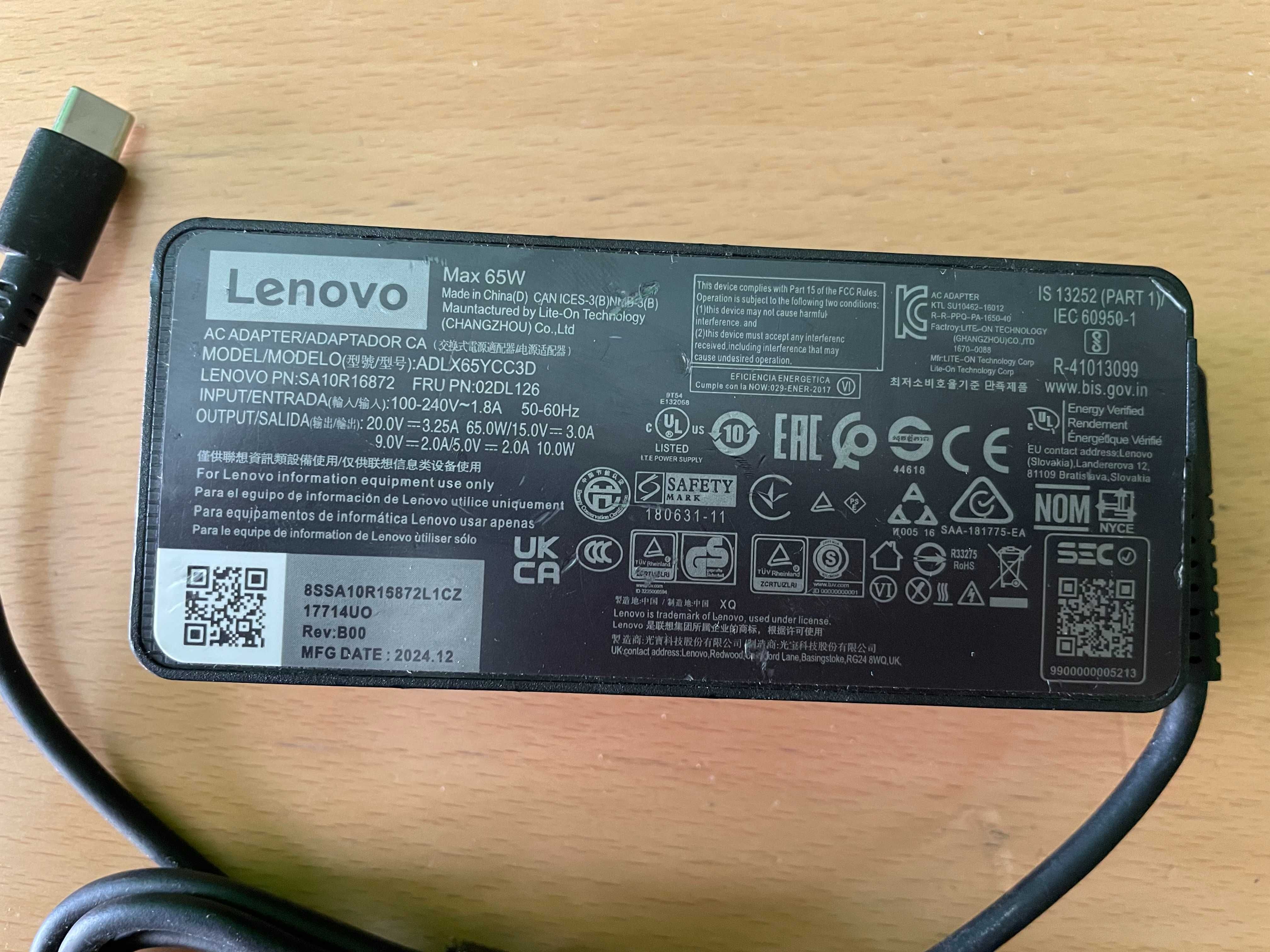Lenovo - USB Type - C, 65W, Оригинално зарядно за лаптоп
