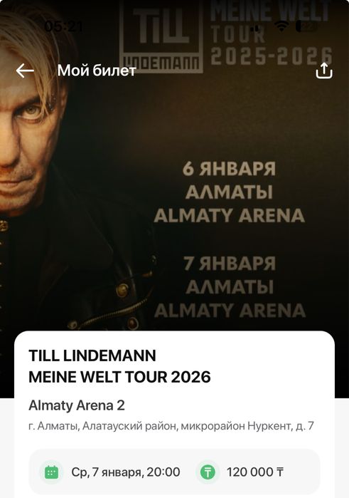 Два билета на концерт Till Lindelman Тилль Линдельман