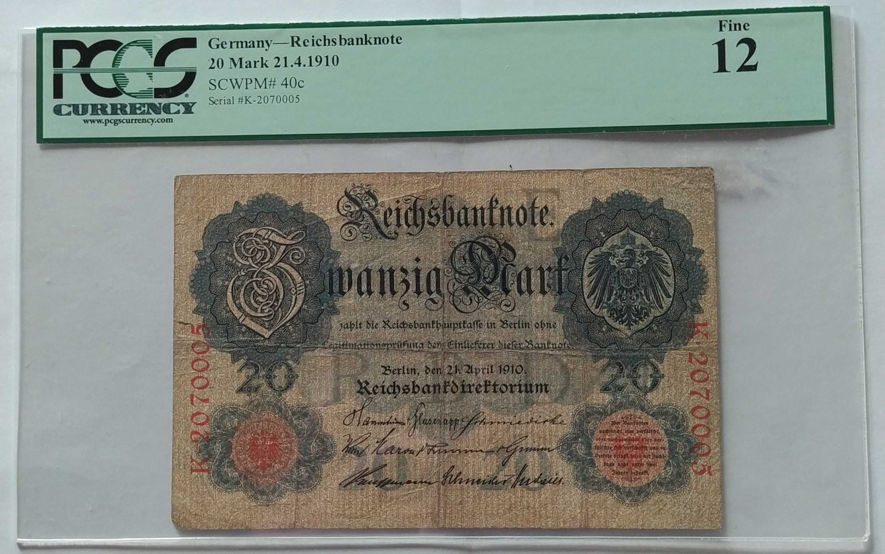 PCGS 12 - Германия, 20 марки 21.4.1910 г. (с интересен номер)
