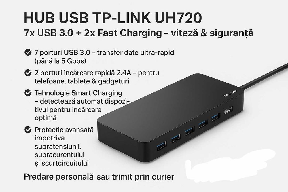 HUB USB TP-LINK UH720 7x USB 3.0 + 2x Fast Charging viteză & siguranță