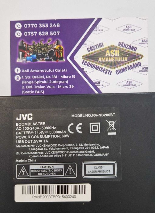 Sistem audio JVC BoomBlaster RVNB200BT, Bluetooth, Tuner FM RDS, USB