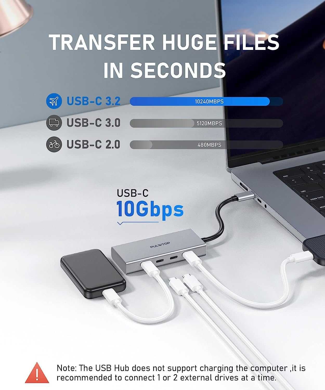 PULWTOP 4 порта 10G USB C ХЪБ за Mac,iMac,iPad и USB C лаптоп