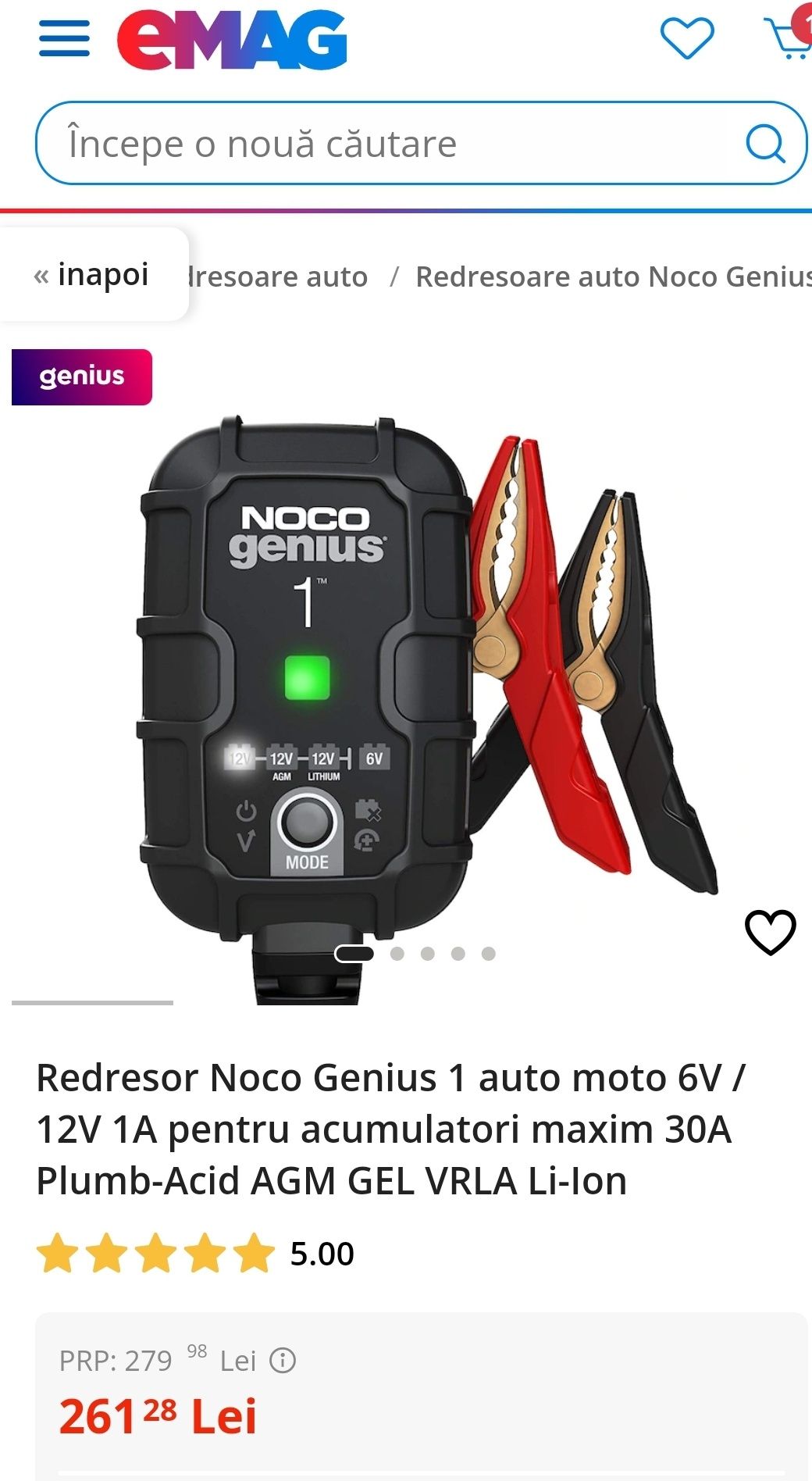 Redresor Noco Genius 1 auto moto 6V / 12V 1A pentru acumulatori maxim