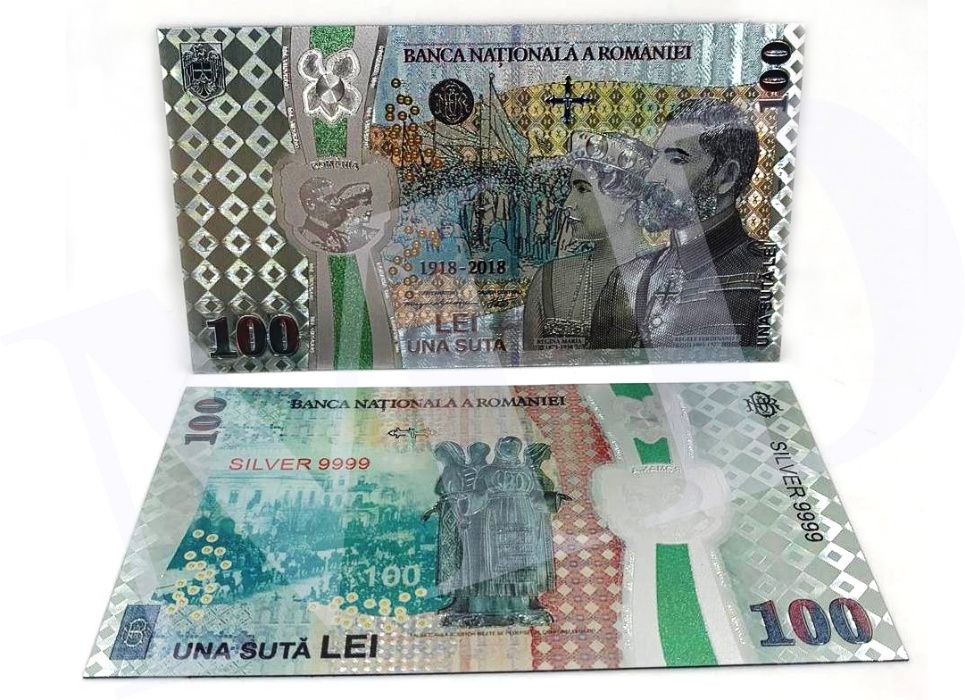 Romania–lot 10 bancnote (reproduceri)-polimer placat cu argint 999‰