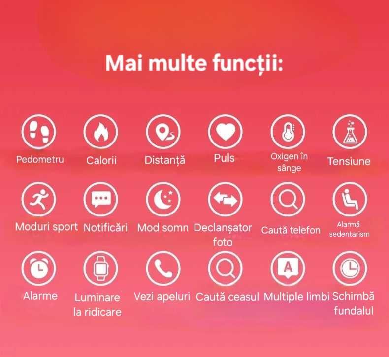 Smartwatch bluetooth performant Roșu. Apel/ Mesaje. Sport și sănătate