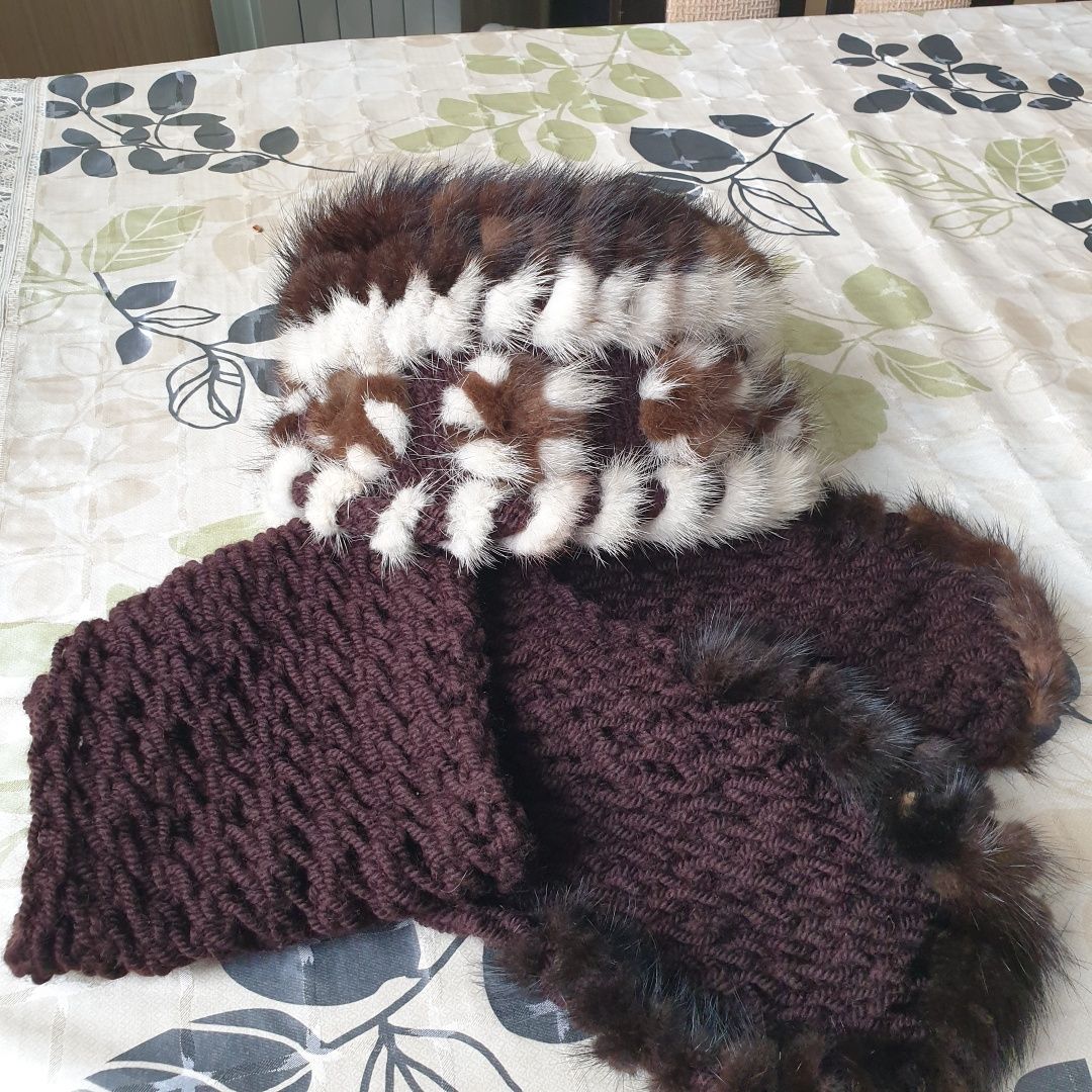 Зимняя Шапка с шарфом отделка из меха норки