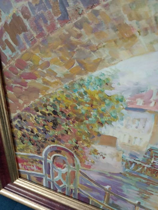 Tablou in ulei, canal navigabil cu pod, 51cm x38cm, cumparat din Praga