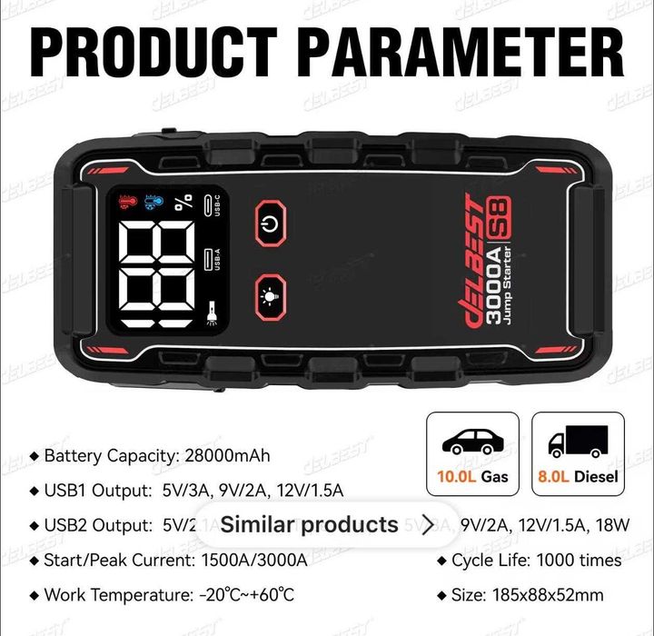 мощен външен стартер за автомобилни акумулатори (Jump Starter)