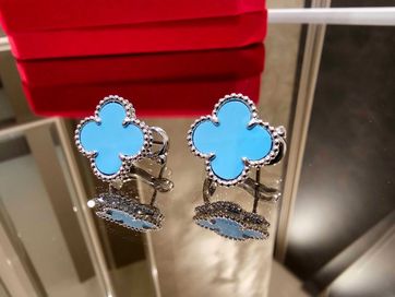 Van Cleef & Arpels VCA Silver Turquoise Alhambra Clips Дамски Обеци