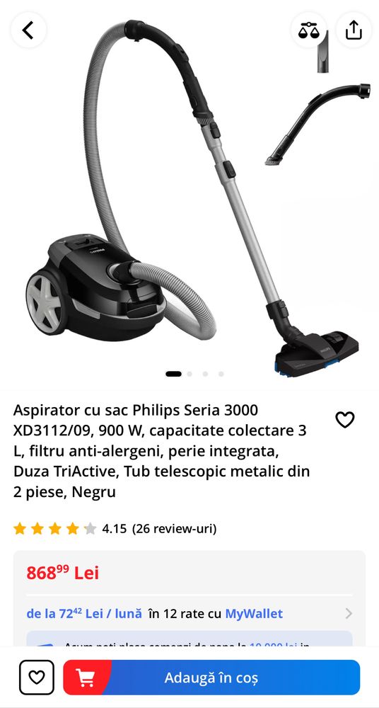 Aspirator cu sac Philips Seria 3000 model XD3112/09 putere 900w ca NOU