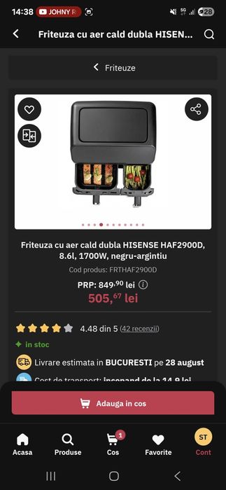 Friteuză cu aer cald dublă Hisense HAF2900D, 8.6L, 1700W – Sigilat NOU