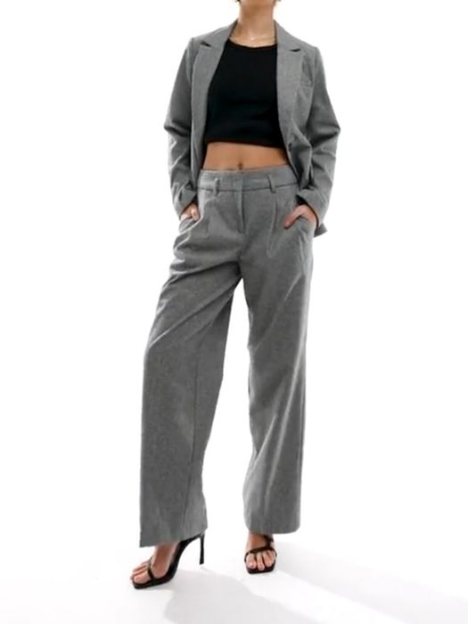 Сив панталон S/M/36 елегантен зимен басти висока талия широк прав ръб