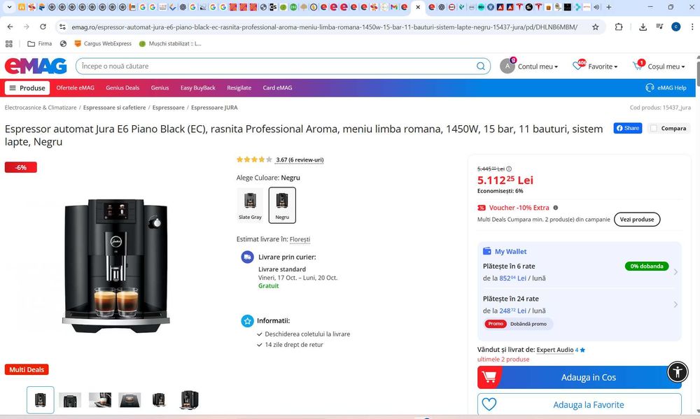 Espressor automat Jura E6, 11 bauturi, sist lapte, IMPECABIL- garantie
