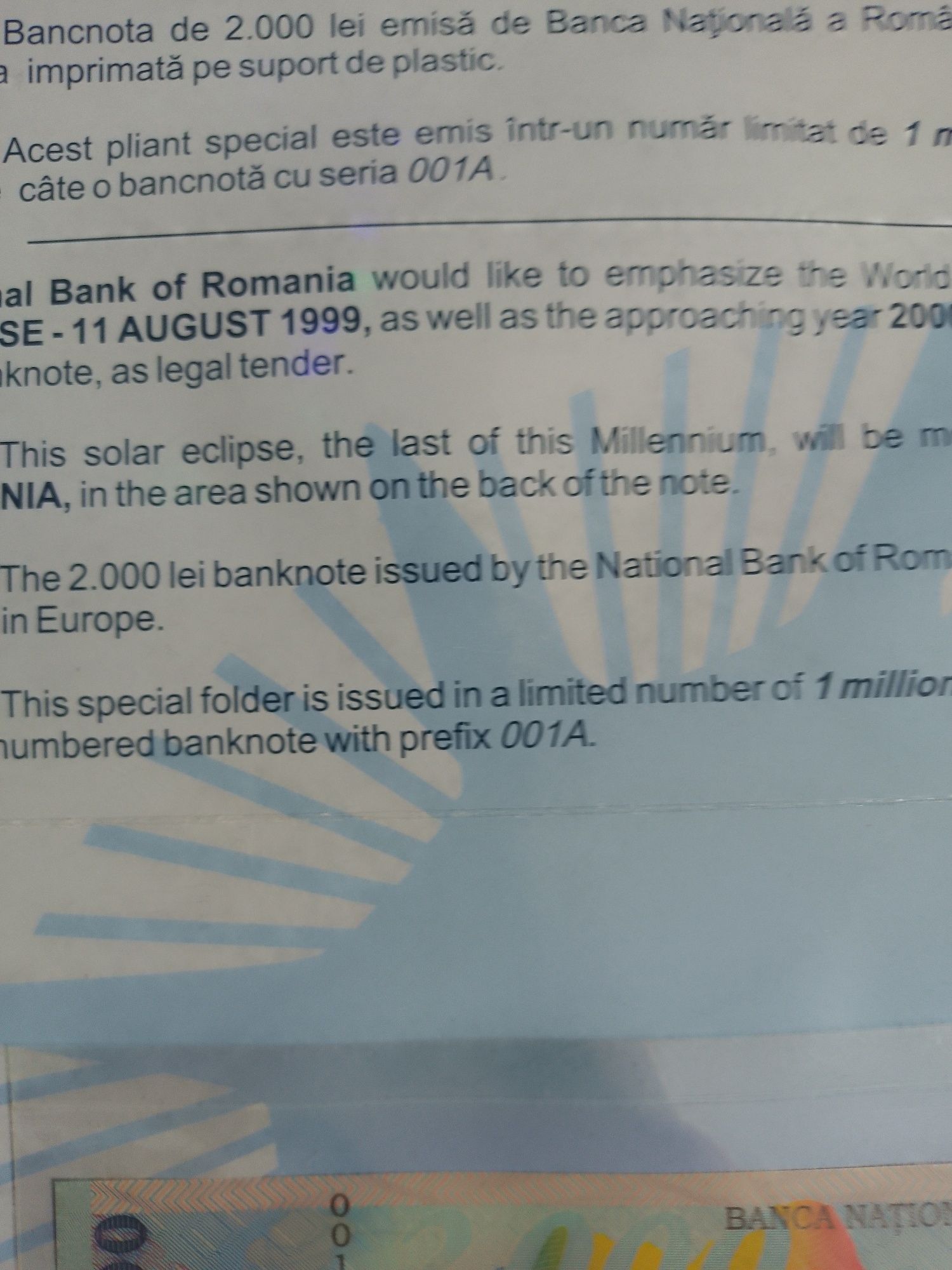 Bancnota 2000 lei Eclipsa 1999,ediție limitată ,seria 1A, nouă