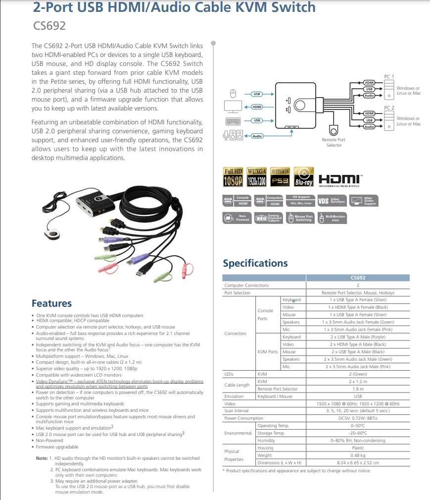 Switch KWM ATEN CS692 2 porturi HDMI, USB, Audio