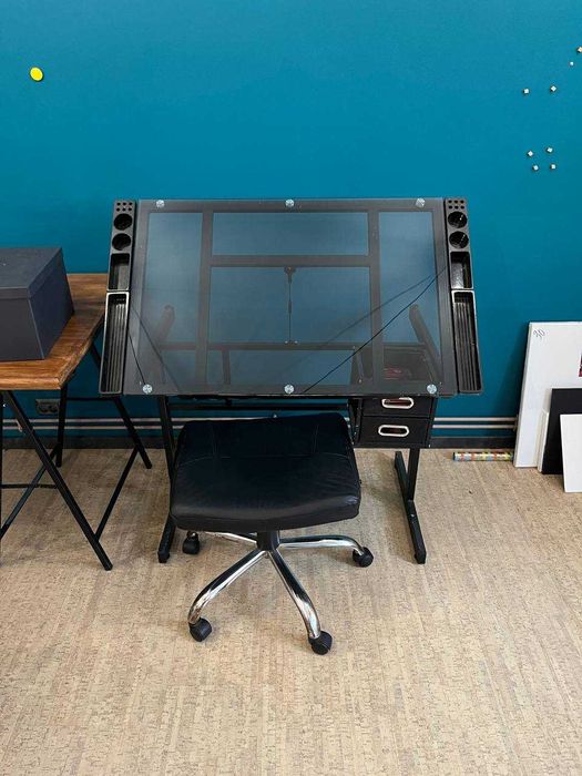 Masa de Desen, structura metalica, blat sticla 60x90cm, culoare negru