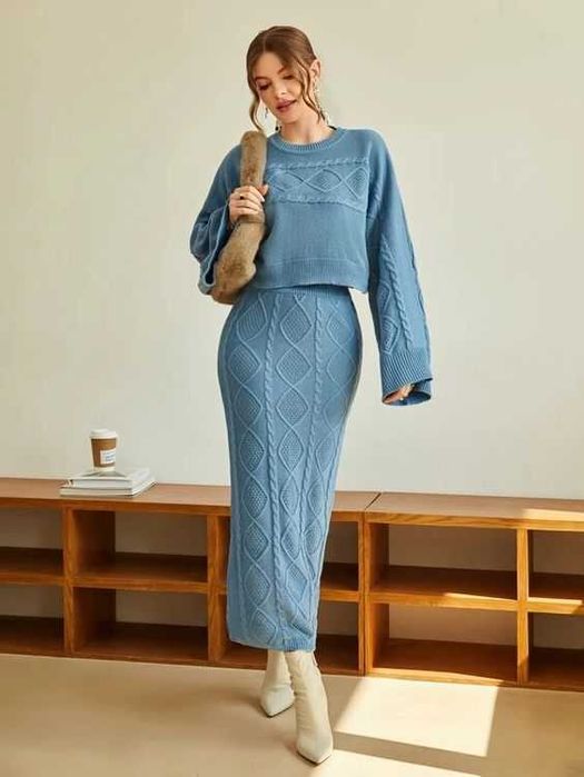 Елегантен Костюм, Син комплект. Комплект с пола, Есенен комплект