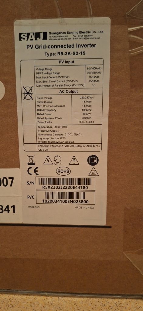Монофазен мрежов инвертор SAJ 3KW, 230V, R5-3K-S2-15-Wifi-D