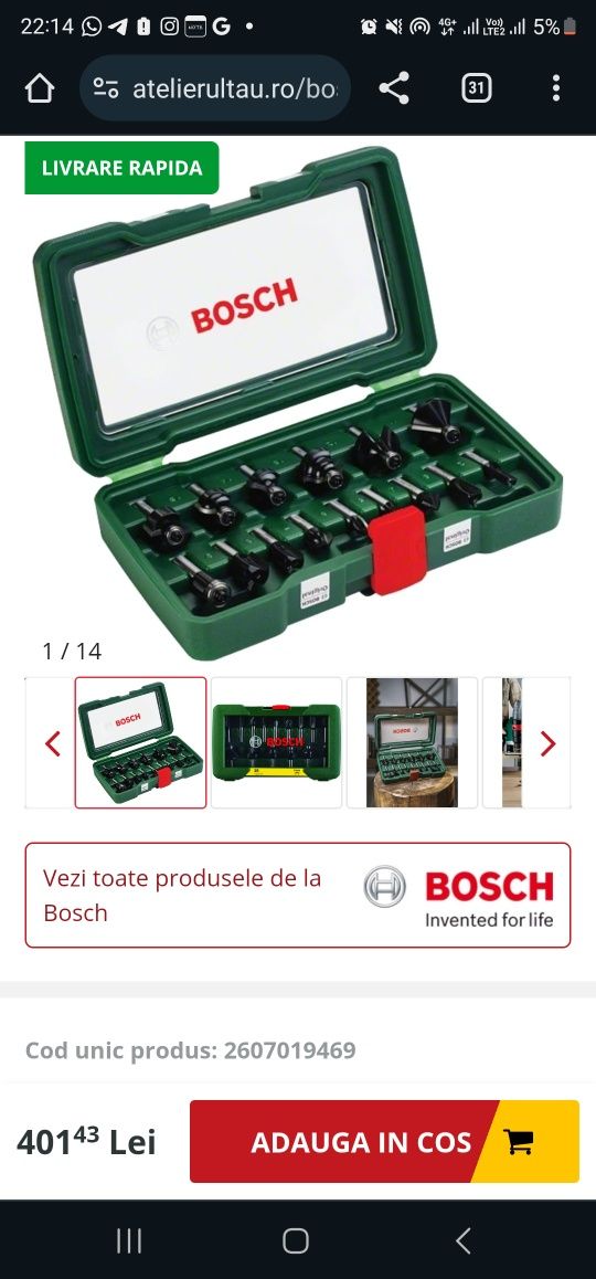 Bosch 2607019469 - Set cutite frezat, tija 8 mm, ambalaj plastic, 15 b