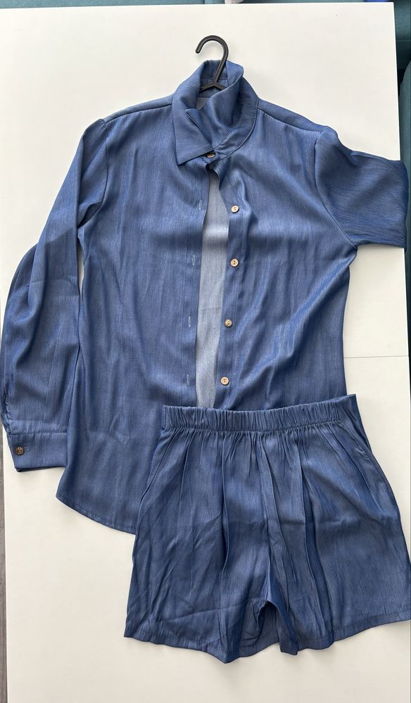Комплект сатен LBD , къси гащи риза, потник гол гръб, пола панталон