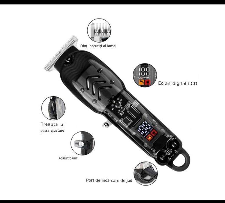 Aparat de tuns, transparent,lame otel inoxidabil, bat Li-Ion
