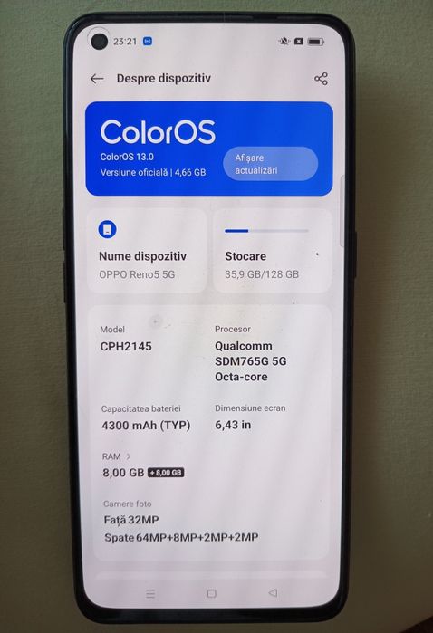 Oppo Reno 5 5G, Dual SIM, 128GB, 8GB RAM, 5G,
Impecabil 
Nota 10/10