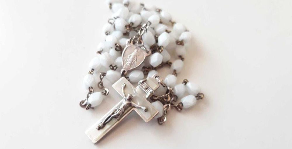 Vechi Rozariu Rugaciune cu sidef Cruce si medalion 59 bile , Germania