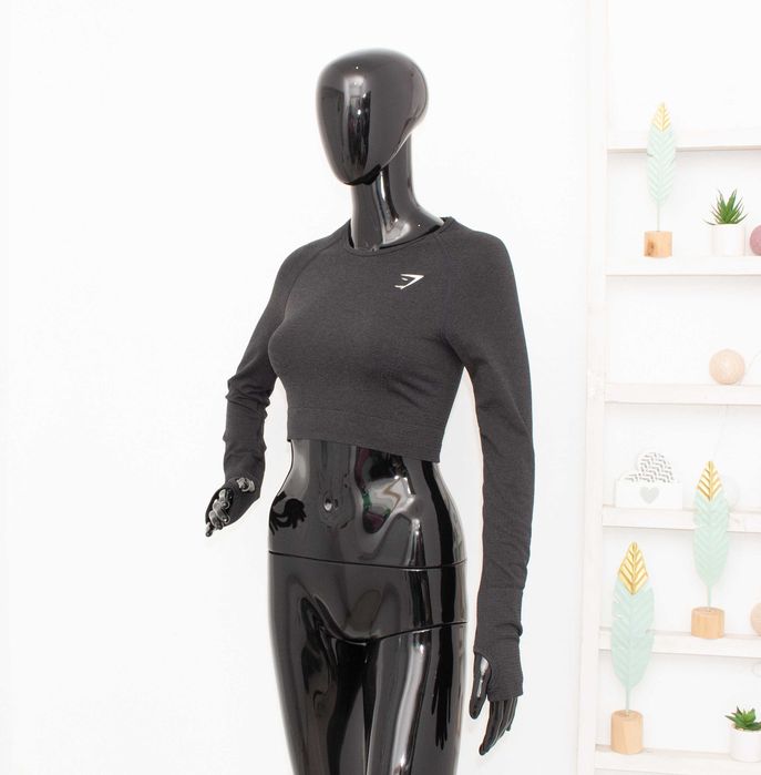 Gymshark дамски кроп топ за фитнес къс модел тъмно сив дълъг ръкав М