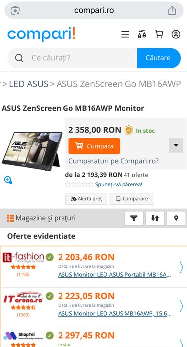 Monitor portabil ASUS ZenScreen Go MB16AWP, 15.6"