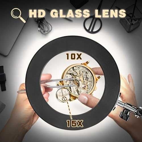 Лампа с лупа 10X/15X, 3 цвята, USB, регулируемо рамо за хоби и ремонт