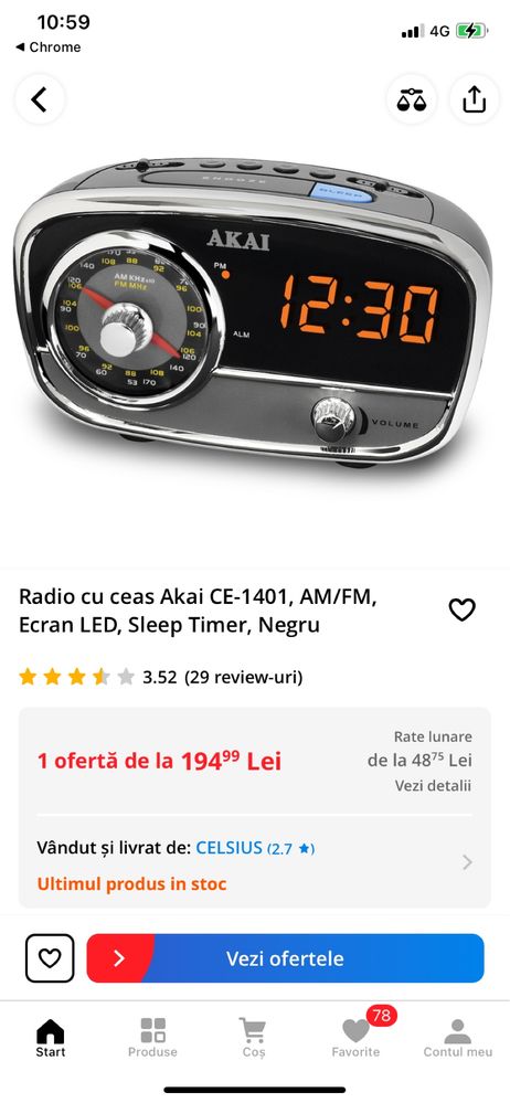 Radio cu ceas Akai CE-1401, AM/FM, Ecran LED, Sleep Timer, Negru