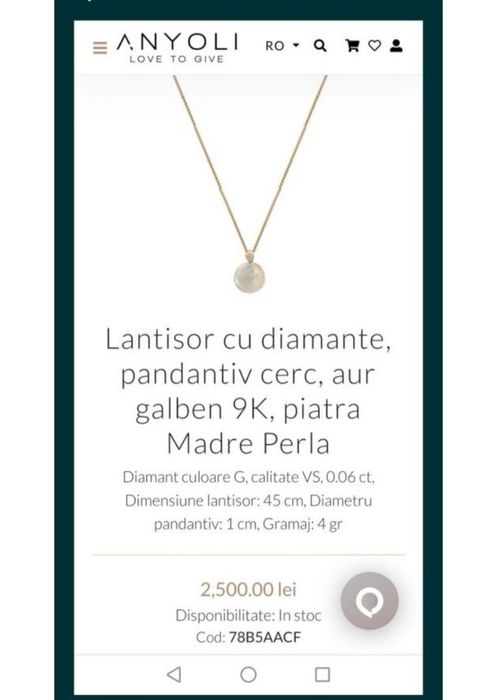 NOU! Lantisor de aur cu diamante si perla Anyoli.