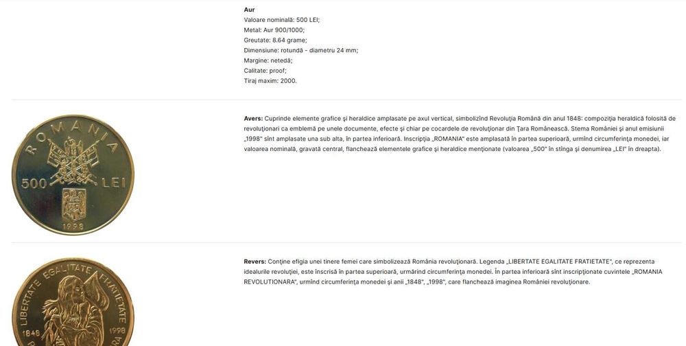 Set monede aur BNR - 150 de ani de la Revoluţia Română de la 1848