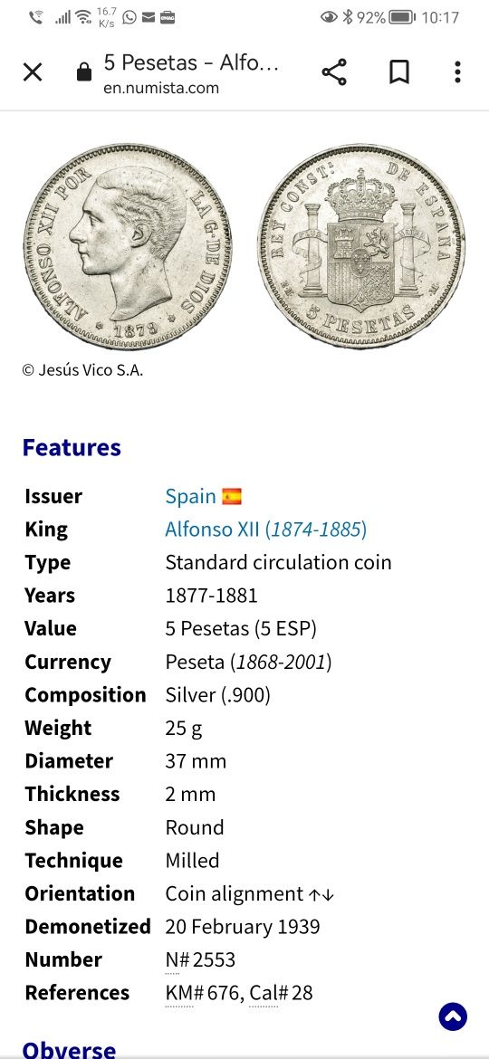 5 pesetas 1870 și 1878 argint UNC/BU