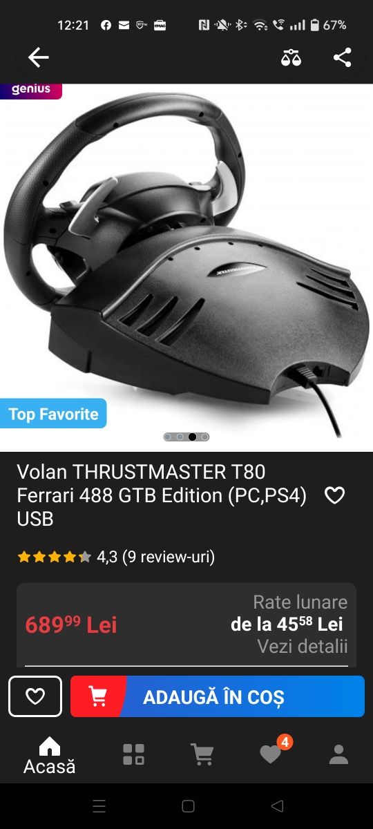 Volan THRUSTMASTER T80 Ferrari 488 GTB Edition (PC,PS4) USB