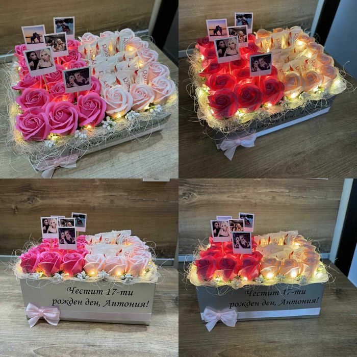 Ароматни сапунени букети със спомени, бонбони, лампички за рожден ден