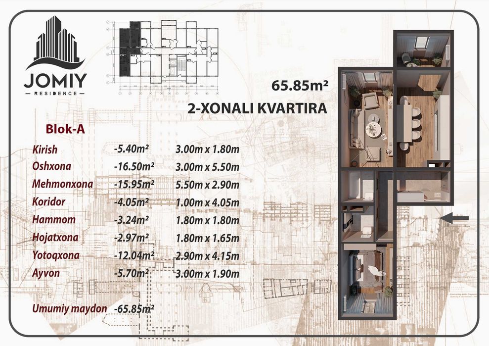 Jomiy Residencedan tayyor remontlari bilan